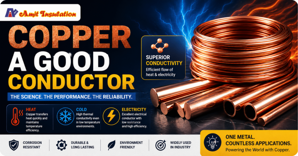 Copper a Good Conductor infographic with copper pipes and wire coil showing heat, cold, and electricity conductivity benefits