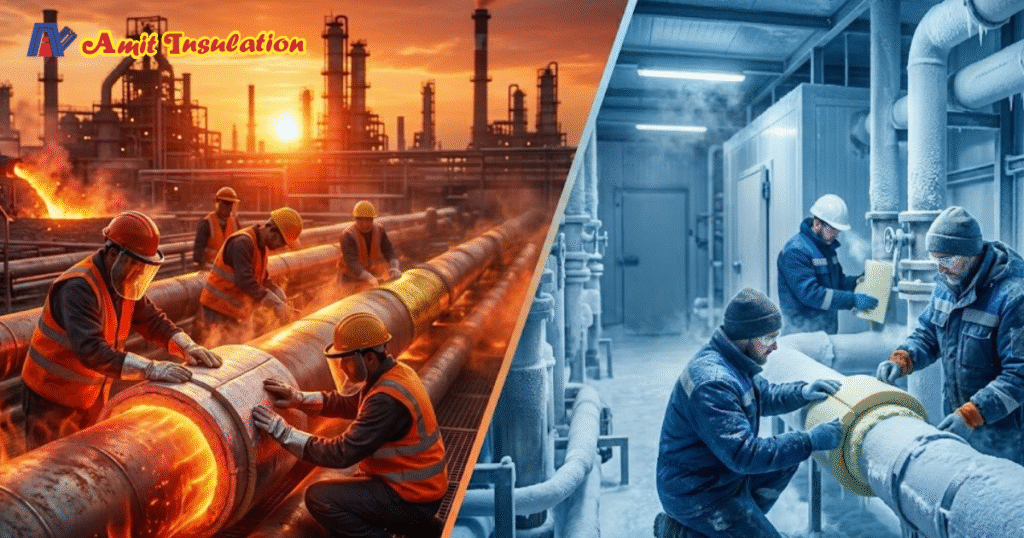 Workers installing hot and cold insulation on industrial pipelines in India showing thermal and cryogenic protection systems